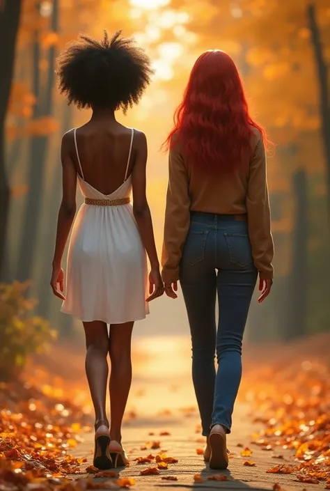 Autumn background , Walking two girls with their backs ,  turned upside down so that you can see only the back part,  the first black ,  with very short 4c curly hair ,  wearing a white autumnal top dress and Victorias Secret heels, with model body, and th...