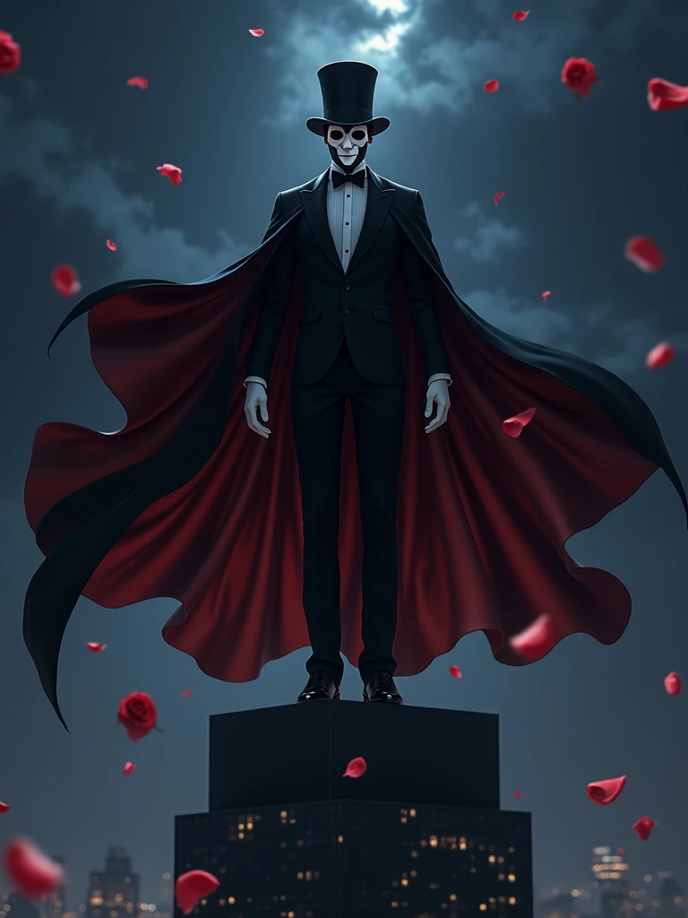 realistic tuxedo mask, mamoru chiba, black hat, black tuxedo, flowing capes with red inside, big collar, white gloves, black shining shoes, white glasses mask, tall posture, standing on top of highest tower, masculine pose, night sky, dark city background,...