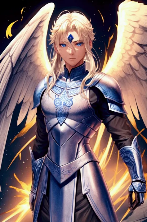 a warrior angel man, blue eyed blonde, Whole body