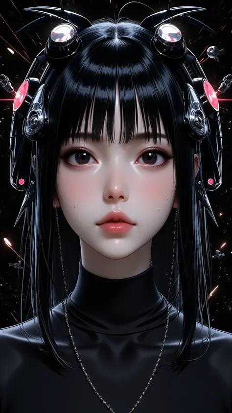 ((best quality)), ((masterpiece)), (detailed), perfect face of cyberpunk mecha japanese girl, young, pure, pale, face blush, shiny black eyes, shiny black body, shiny black hair, ((monochromatic black color palette)), surreal, art nouveau, in the illustrat...