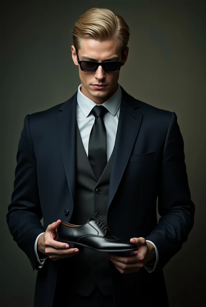 English man , suit and tie,  blonde modern hair  ,  handsome blue eyes . closed.  Dark glasses knife style shoe with sharp tips and English punch in the hands. 