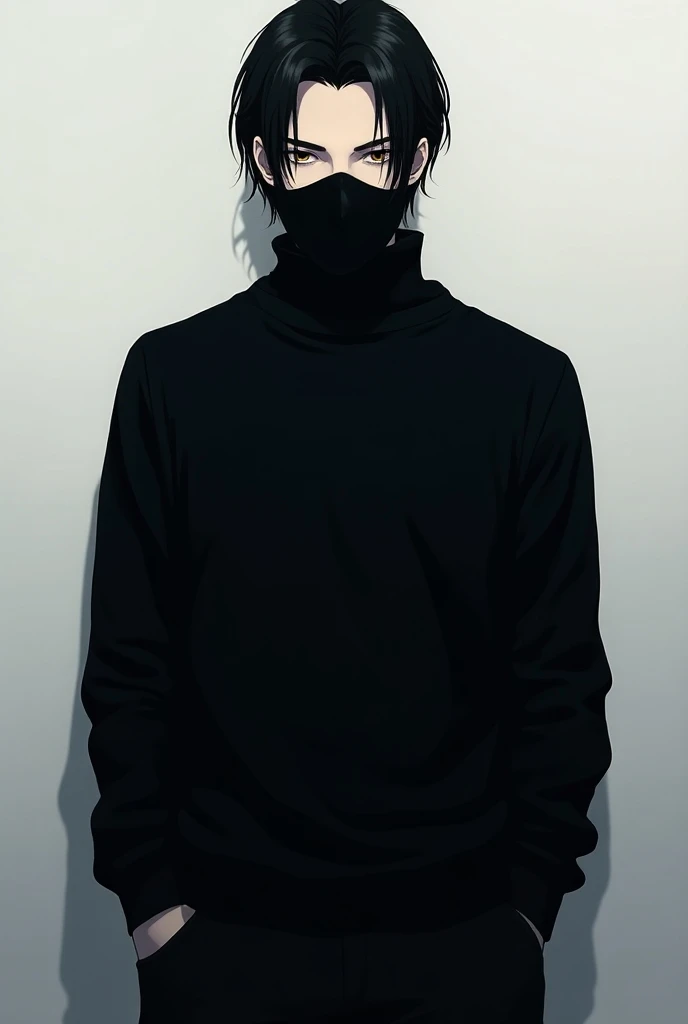  An anime-style image of a white-skinned man,  black hair, wearing a black sweater ,  wearing a mask ,  with black pants .