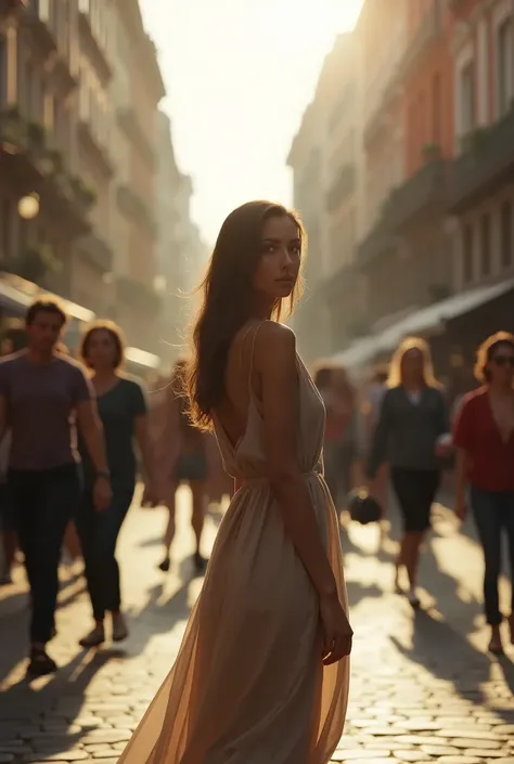 a woman standing still in a busy european city street, long exposure, detailed cityscape, people in motion blur, sunlight, warm colors, cinematic atmosphere, photorealistic, 8k, (best quality,4k,8k,highres,masterpiece:1.2),ultra-detailed,(realistic,photore...