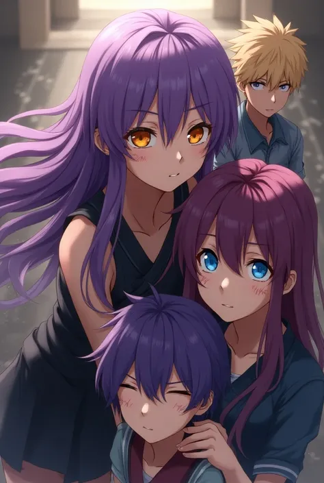 A girl with long purple hair like Konan and orange eyes and a blonde girl with adult blue eyes and scratches on her cheeks with a  with purple hair and blue eyes and scratches on her cheek anime