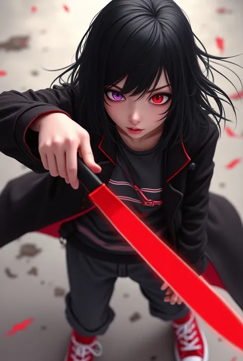  Light-skinned girl with black hair at chin length ,  wearing an open black overcoat with red details on the edges ,  wearing a dark gray shirt under the overcoat with two horizontal red lines half thick on the chest line. He wears dark gray pants and a pa...