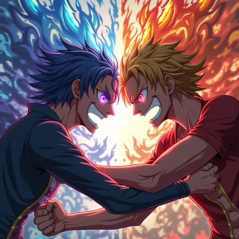  Two famous characters from ONE PIECE clash with fists of supremacy，The opponent is another character ， High Resolution , smile, blue eyes, Brown Hair, Red eyes,  accessories,  purple eyes,  Decorative Art , Abstract painting, 