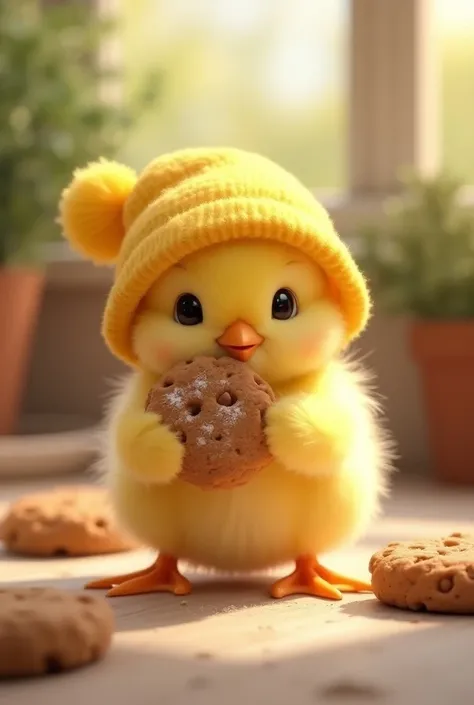 Chick in a cute yellow hat eating a cookie