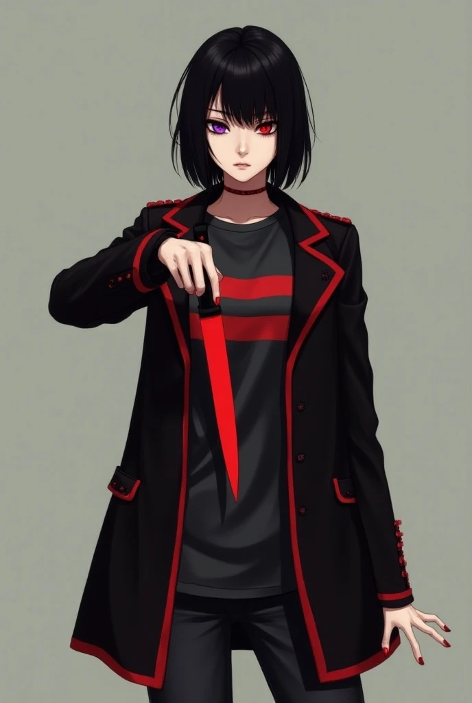  Light-skinned girl with black hair at chin length ,  wearing an open black overcoat with red details on the edges ,  wearing a dark gray shirt under the overcoat with two horizontal red lines half thick on the chest line.  She wears dark gray pants and a ...