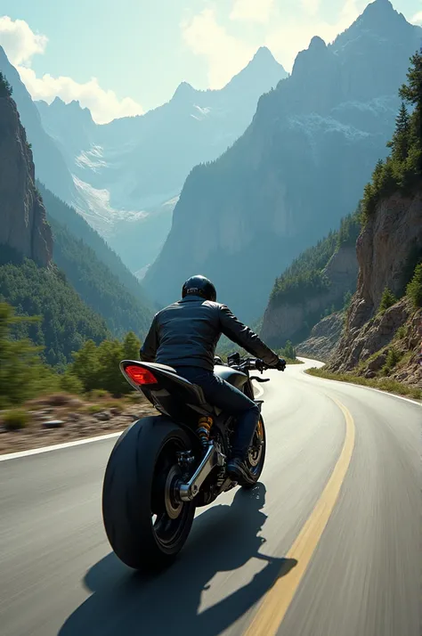 A motorcycle going down the mountain at high speed 