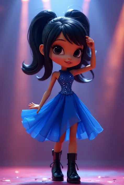  Create a pixar image of a singer with black hair ,  medium dress electric blue silver sparkles, medium hair without bangs black in a tail  ,  black eyes , brown hair,   with booties looking up with one hand brushing the hair with a bratz hairstyle and bra...