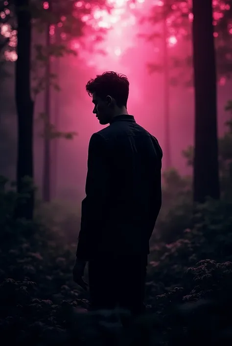 3D image of a man hiding his face with his back turned in the forest, pink and black background, 4k, realistic, movie 