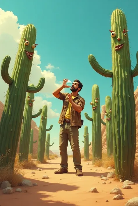  Cacti are applauding a man drinking  [Water in the desert ,  cacti have eyes and mouths and are celebrating the boy drinking water
