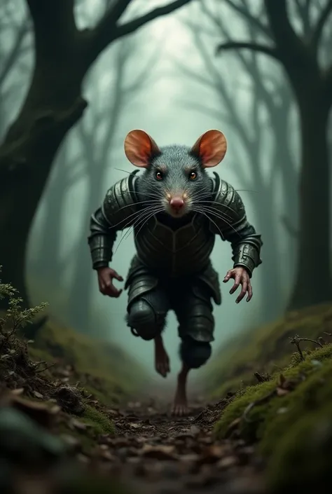 Create a humanized rat ,  with armor and a long mustache ,  running through a slightly creepy forest 