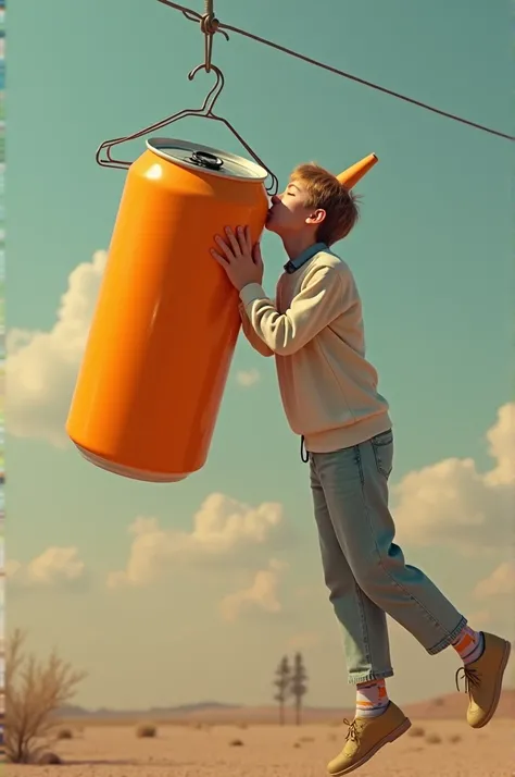 Drinking an orange can while riding a hanger