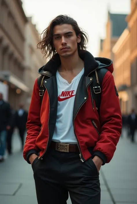 nice adult boy with long hair and waves ,  dressed elegantly in a streetwear style that shows the presence of Nike or Adidas brands that is lively and showing it to the spectator