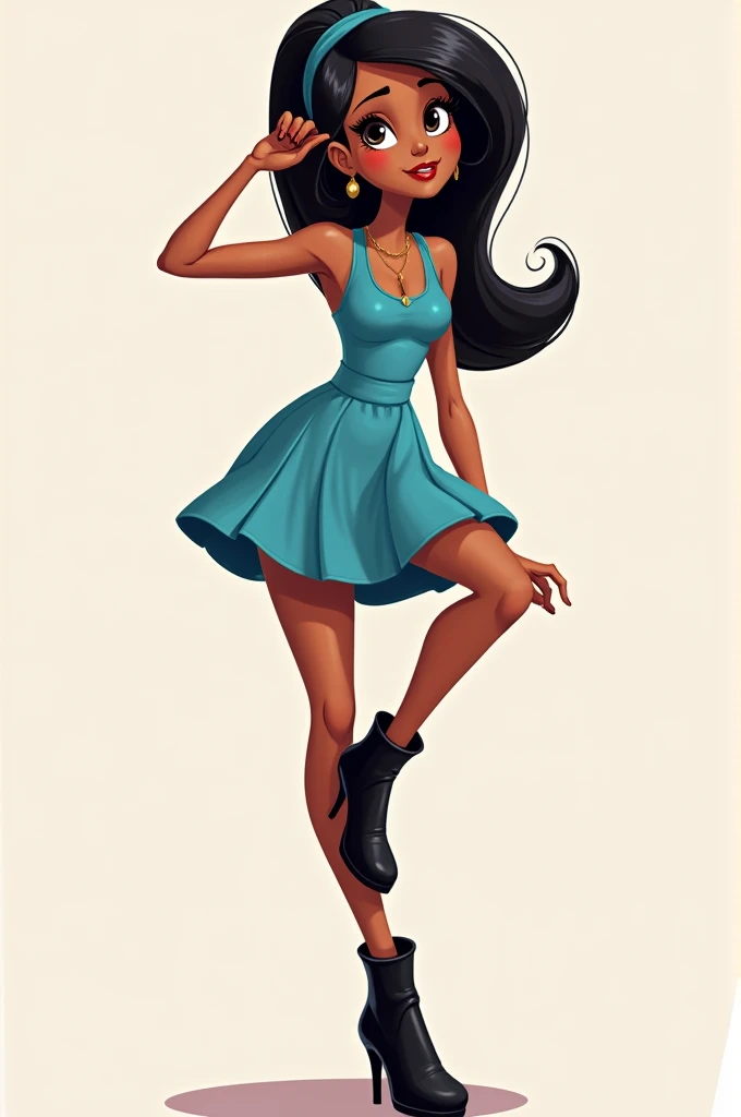  Create a full body pixar image of a singer with black hair , medium blue dress ,  medium black hair in a tail without bangs ,  black eyes , brown hair,   with booties looking up with one hand brushing her hair with a bratz hairstyle and bratz makeup 
With...