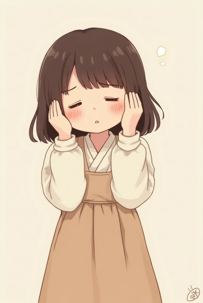 A girl drawn with straight brown hair in cute Korean clothes who has her eyes closed covering her ears scared 