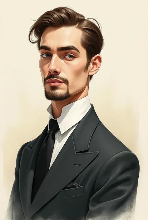 Create an image of a man in a BEAUTIFUL drawing, in a suit, medium hair,  goatee, thin face and big nose 