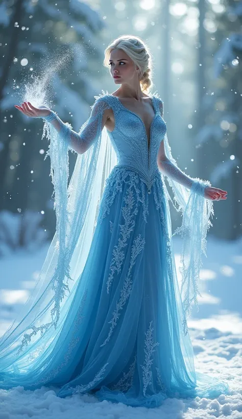 Create a detailed full-body image of an elegant and regal woman with platinum blonde hair in a braided hairstyle. She is wearing a long, shimmering blue gown that covers her entire body, with intricate icy patterns, and a translucent cape flowing from her ...