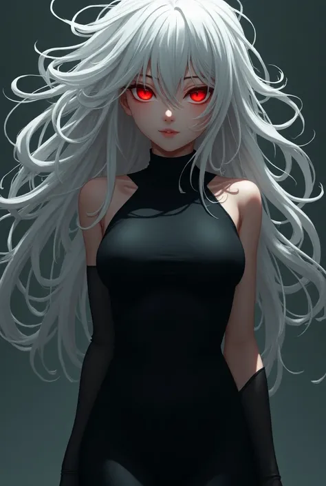 Anime girl with long, rowdy white hair with round, red eyes and black clothing 