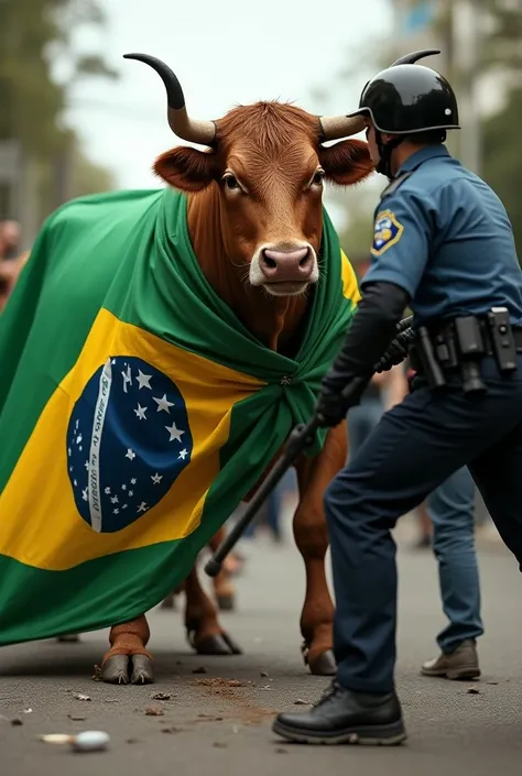  A cattle draped with the Brazilian flag , Beating the ground a shocker from the Police.