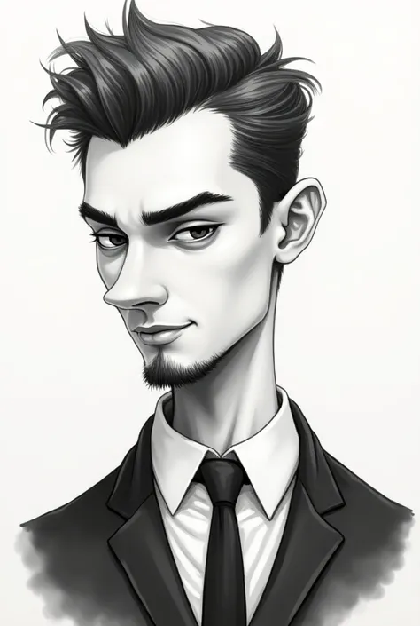 Create an image of a man in a BEAUTIFUL drawing, in a suit, Big hair split in the middle,  goatee, thin face and big nose 