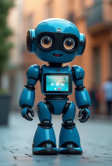 Imagine a colorful robot, But not so  ,  perhaps with large and expressive eyes .  It could have a tablet embedded in its belly , Where would I show an algorithm in Portuguese
The robot could use a darker blue color scheme,  and have flexible arms and legs...