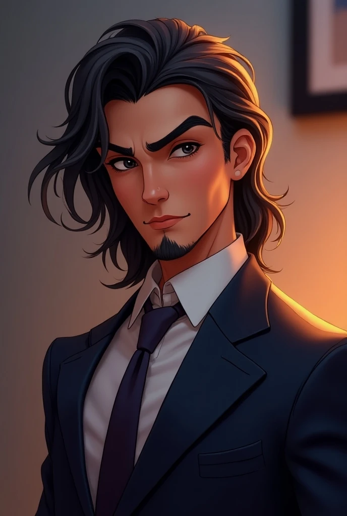 create an image of a man in his 20s, with goatee, Suit, long hair, high, Its beautiful in animation