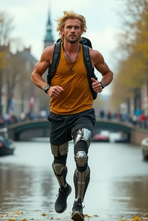 Dutch man , high, blonde, LIGHT EYES.  tanned skin .  Dutch runners clothing, mechanical legs.  On an Amsterdam river 