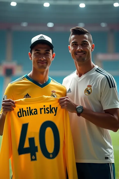 Photo Cristiano Ronaldo ,  player AL NASRR ,  standing next to a 23-year-old Indonesian man with light skin ,  weight 70 kg ,  neatly cut to the left .  The Indonesian man is wearing a jersey and hat ,  and holding a yellow sweatshirt with the inscription ...