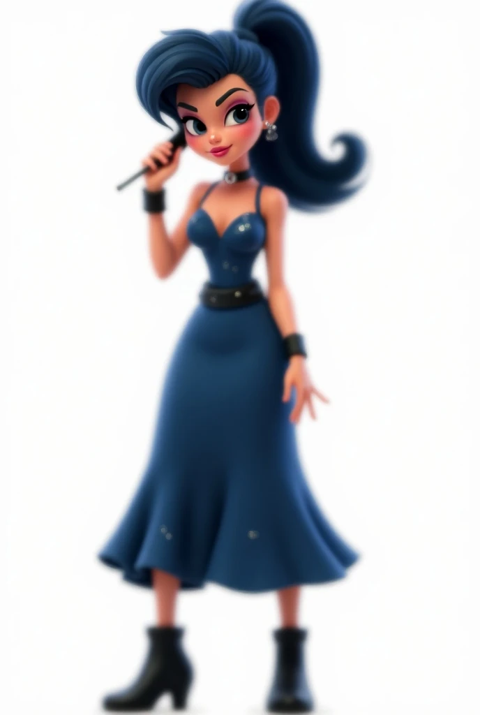  Create a full body pixar image of a singer with black hair , dark electric blue flared medium dress with silver sparkles, medium not very short black hair in a tail without bangs,  black eyes , brown hair,  with booties looking up with one hand brushing t...