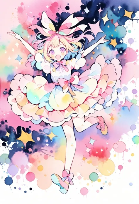 (colorful:1.5), pastel colors, neon color illustration, (pink haze), kawaii illustration, (watercolor:1.5), (graffiti art:1.3), 1girl, full body, (Sparkling haze), (big ribbon:1.5), dancing,