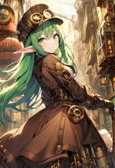 1girl, elf ears, green hair, long hair, green eyes, smiling, steampunk outfit, hat, steampunk city background, leaning toward viewer, looking at viewer