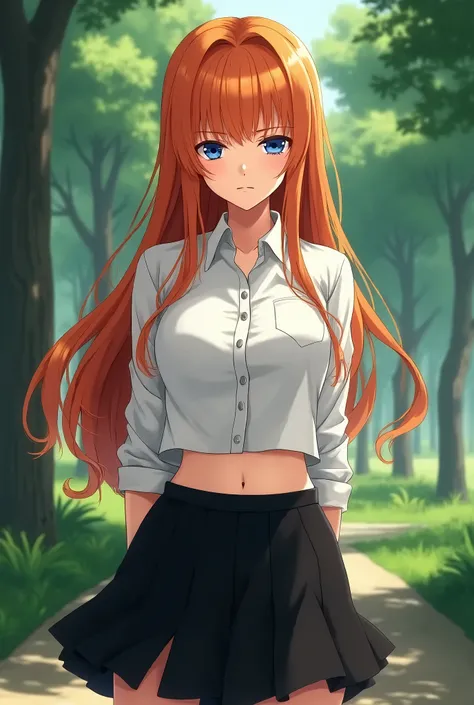 Beautiful teenage girl, standing on a park, long ginger hair, blue eyes, with a kinda serious mafia like face, wears a cute black fancy skirt with a short white shirt with cropped long sleeves (full body) Anime