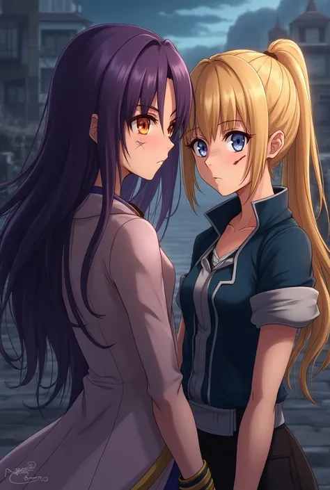 A girl with long purple hair like Konan and orange eyes and a blonde girl with blue eyes and scratches on her cheek anime