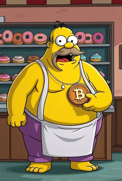 create a drawing about the Simpsons that is cartoon that shows lardlad holding a bitcoin instead of a donut