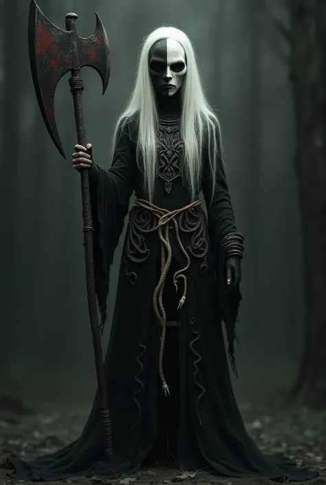 Make a drool yaga with a two-sided mask, one black and one white.,  her hair is white and she wears a black and white robe with some snake designs and a bone cord and uses a large axe make her creepy