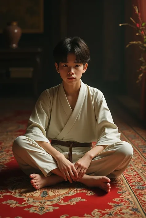 Oriental 16-year-old teenager boy sitting barefoot on carpet