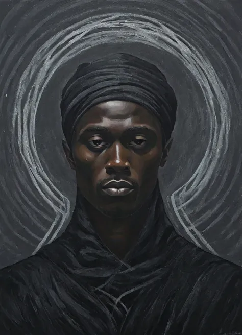 a dark-toned african figurative painting of a male figure, blending abstract and realism. the male figure is partially cloaked i...