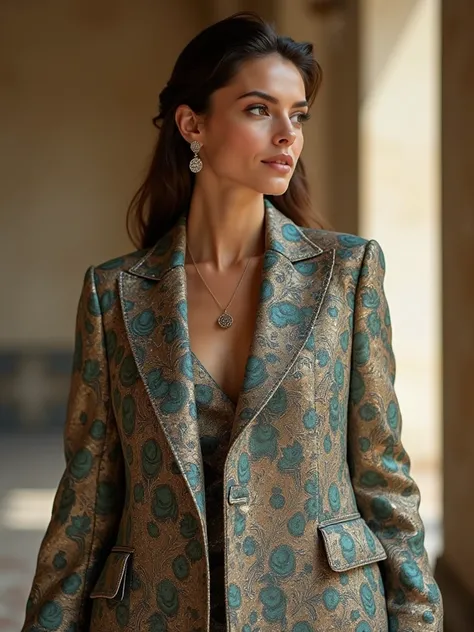 A sumptuous, high-fashion photograph exuding luxury and sophistication, featuring a show-stopping, knee-sweeping overcoat with intricate, iridescent peacock-inspired design-elements, captured in breathtaking 8K resolution with hyper-realistic detail. Soft,...