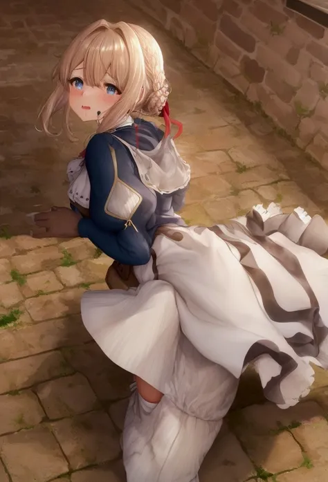 best quality, ultra-detailed, high resolution, extremely detailed cg, unity 8k wallpaper, masterpiece,masterpiece, highest quality, High resolution, violet evergarden, Braid, hair ribbon, red ribbon, jewelry, white ascot, brooch, blue jacket, long sleeve, ...