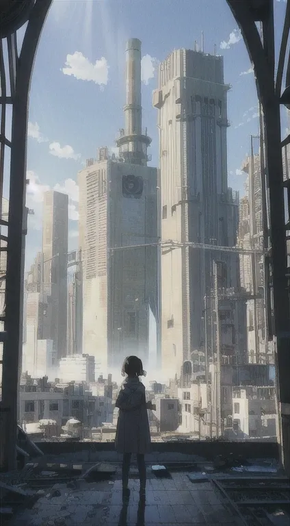 A ray of hope in a dystopia, a girl from the future who has wandered into the Islamic world, the back of a  in the back of the center of the screen, a complex cityscape, a devastated world, a pulling composition, industrial,