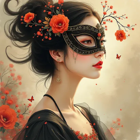 Close-above: An exquisite,  high quality hand-painted scene depicting a stunningly beautiful woman wearing a masquerade mask  ( from the ancient Han dynasty )  matches perfectly with swirling artistic expressions ,  while shadows and lights create an abstr...