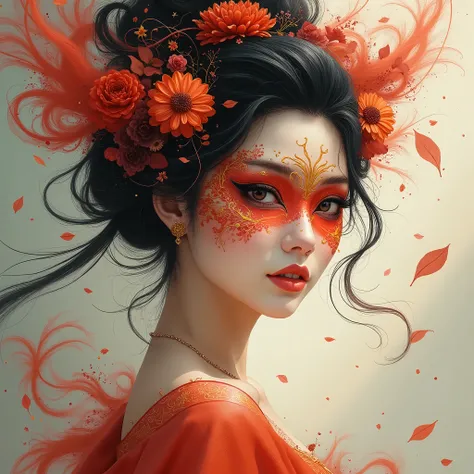 Close-above: An exquisite,  high quality hand-painted scene depicting a stunningly beautiful woman wearing a masquerade mask  ( from the ancient Han dynasty )  matches perfectly with swirling artistic expressions ,  while shadows and lights create an abstr...