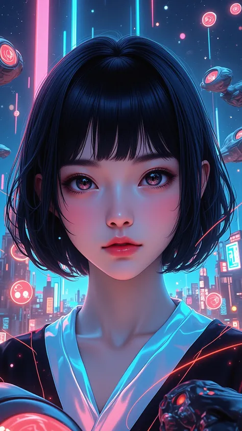 ((best quality)), ((masterpiece)), (detailed), perfect face of japanese girl, young, pure, pale, face blush, shiny black eyes, shiny black body, shiny black hair, surreal, art nouveau, in the illustrative style of moebius, spaceships, aliens, fantasy, sci-...