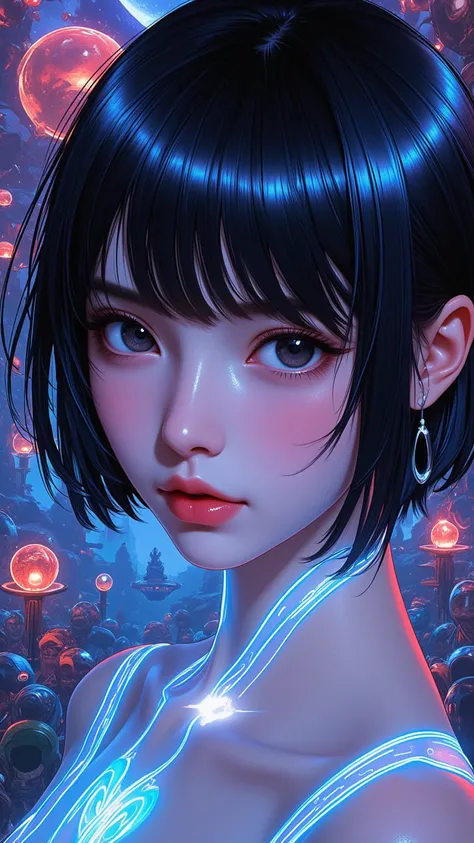 ((best quality)), ((masterpiece)), (detailed), perfect face of japanese girl, young, pure, pale, face blush, shiny black eyes, shiny black body, shiny black hair, surreal, art nouveau, in the illustrative style of moebius, spaceships, aliens, fantasy, sci-...