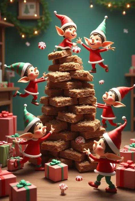 A whimsical "race against time" scene where playful elves are frantically trying to restock a huge pile of Peppermint Mocha bars into gift boxes, with some of the bars bouncing out. The elves are scrambling, juggling the bars like they cant keep up with de...