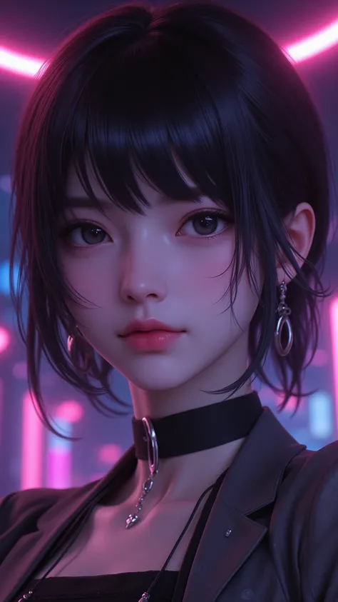 ((best quality)), ((masterpiece)), (detailed), perfect face of japanese girl, young, pure, pale, face blush, shiny black eyes, shiny black body, shiny black hair, surreal, art nouveau, goth_punk, Neon light, short hair, side locks
