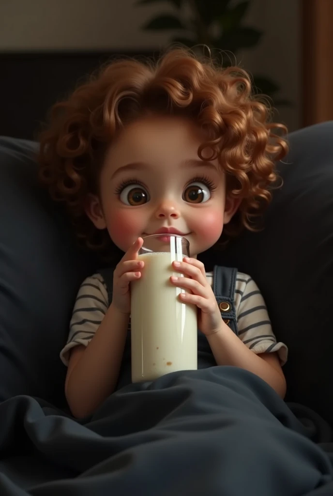 Curly haired girl drinking milk in a bottle lying on a black couch