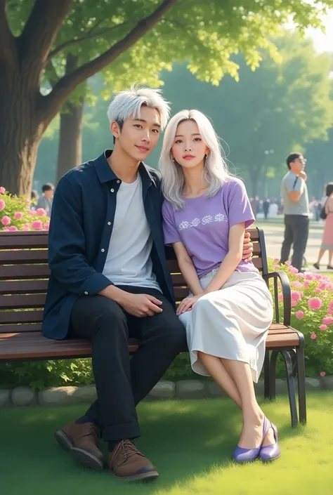 (photorealism:1.2) Siblings. 24 year old Korean man with, white hair, wearing dark blue jacket, white t-shirt and black pants, together with beautiful, very short, petite, 20 year old asian woman with long white hair, pale white skin. 
Lilac t-shirt with w...